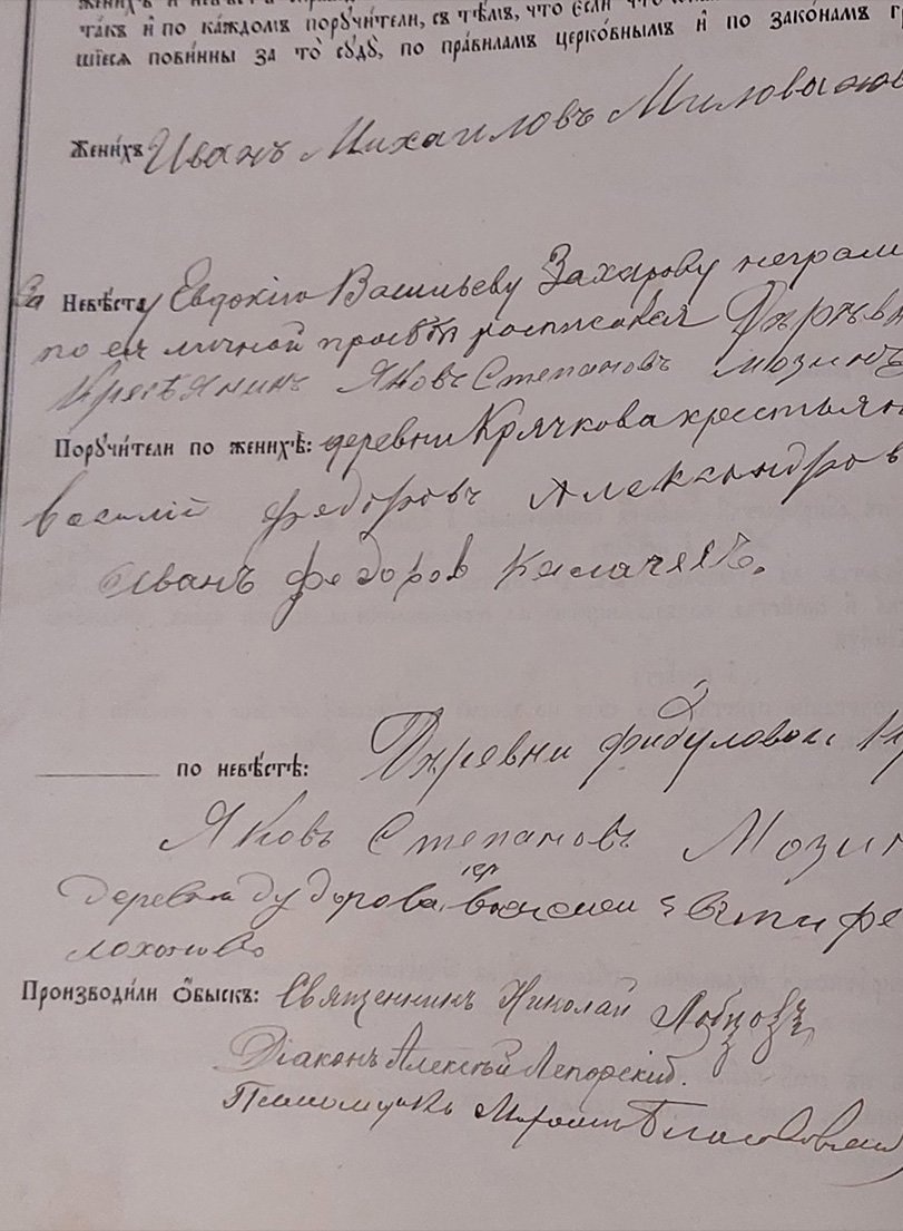 Подписи поручителей, жениха с невестой и тех, кто производил обыск