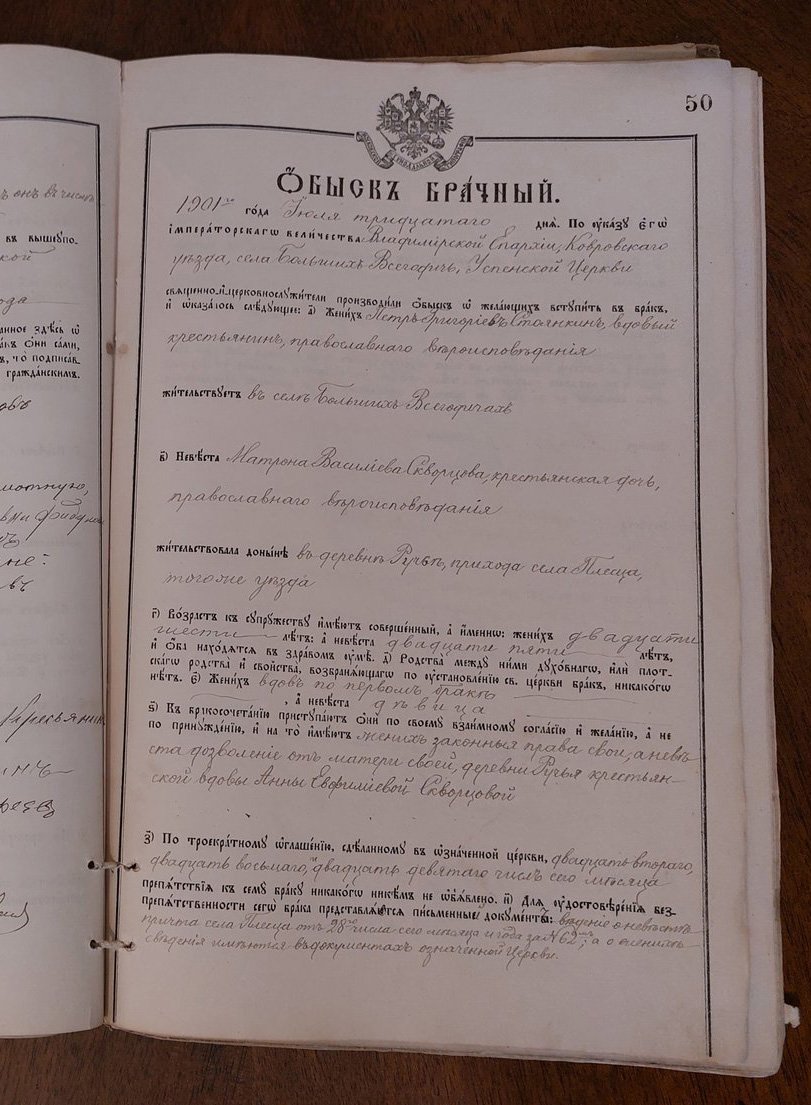 Обыскная книга Успенской Церкви села Большие Всегодичи Ковровского уезда, начиная с февраля 1899 года