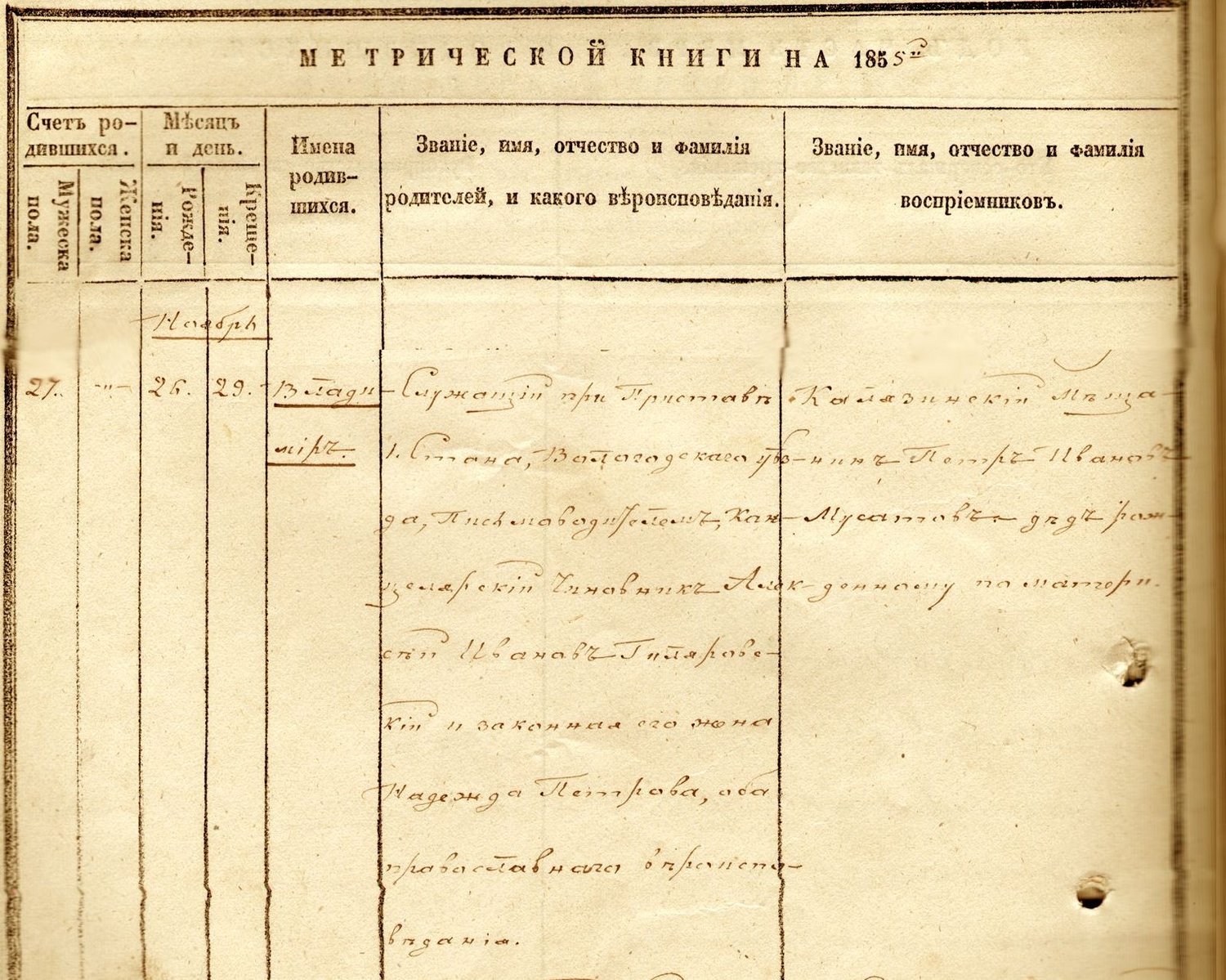 Запись о рождении и крещении Гиляровского В.А. Метрическая книга Покровской Сямской церкви Вологодского уезда Вологодской губернии. 1855 г. / Источник: КАУ ВО "ГАВО" Ф.496 Оп.8 Д.225 Л.214 об.-215