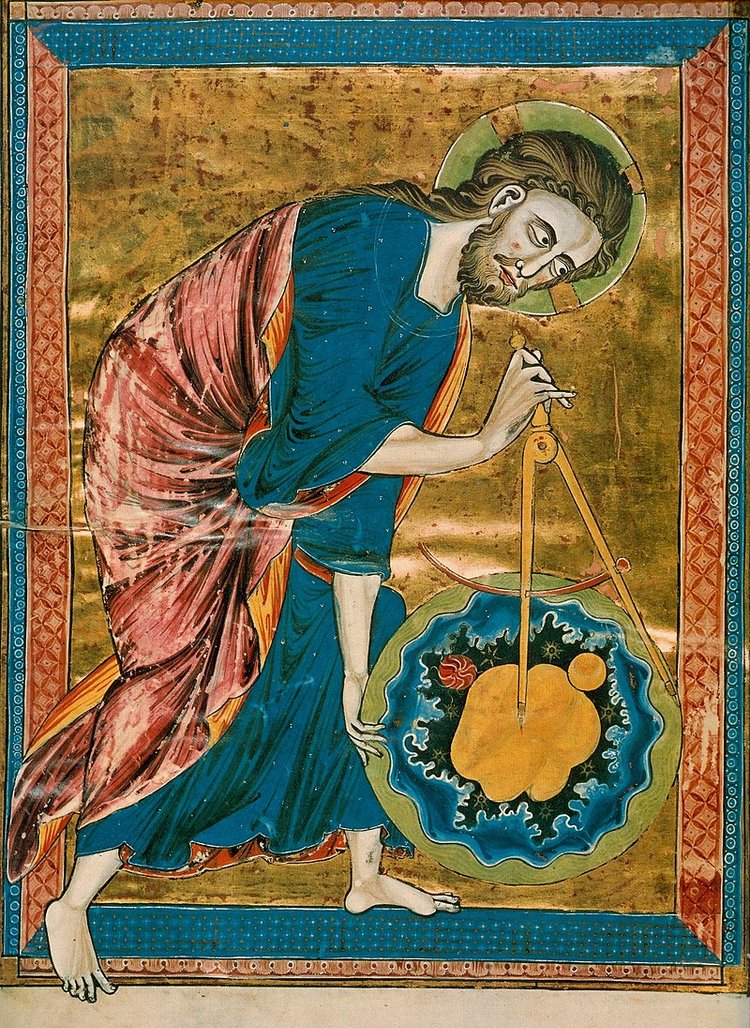 Бог, создающий Вселенную с помощью циркуля. Миниатюра из французской Библии, 1220-1230 / источник: Австрийская Национальная библиотека, Вена