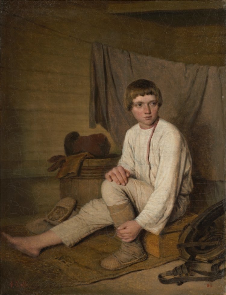 Алексей Венецианов, “Крестьянский мальчик, надевающий лапти”, 1823-1826 / источник: из собрания Государственного Русского музея, Санкт-Петербург