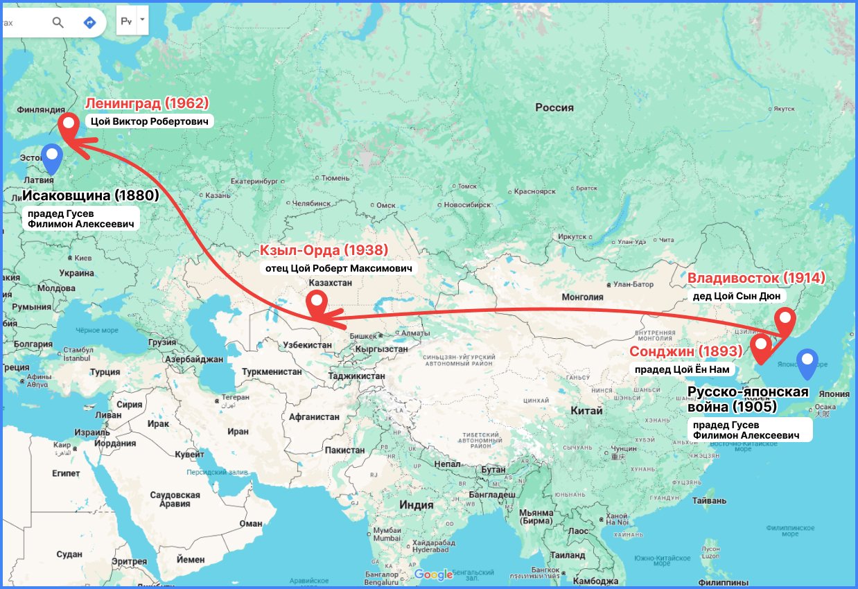 Карта перемещений предков Виктора Цоя