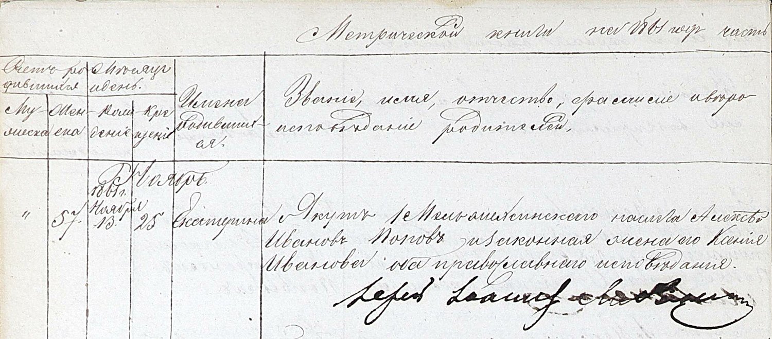 Фрагмент метрической записи о рождении: 13 ноября родилась Екатерина (крещена 25 ноября); родители: якут Первого Мельжехсинского наслега Алексей Иванов Попов и законная жена его Ксения Иванова, оба православного исповедания / Источник: НАРС(Я), ф. И-226, оп. 4, д. 658
