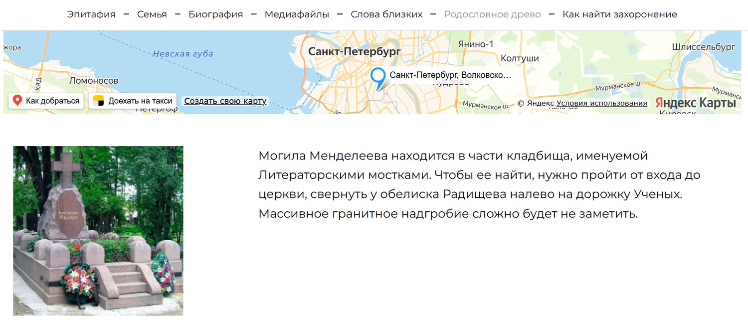 Фрагменты страницы памяти Famiry.memo с указанием места захоронения