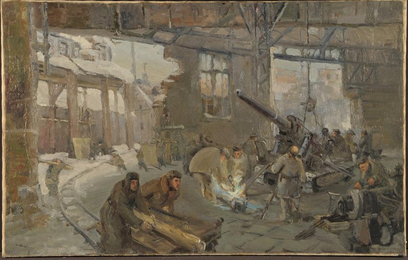Ремонт артиллерийских орудий на ленинградских заводах в период блокады Ленинграда (работа фронтового художника) / Источник: ФГБУ "ВИМАИВиВС"