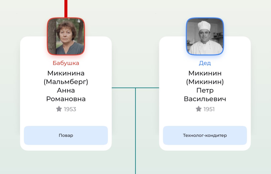 Карточки персон в древе Famiry с заполненной информацией
