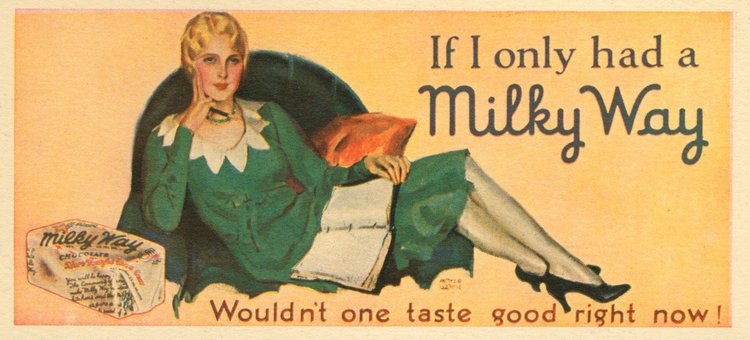 Реклама шоколадного батончика “Milky Way”, 1920-е годы  / источник: Made in Chicago museum (madeinchicagomuseum.com)