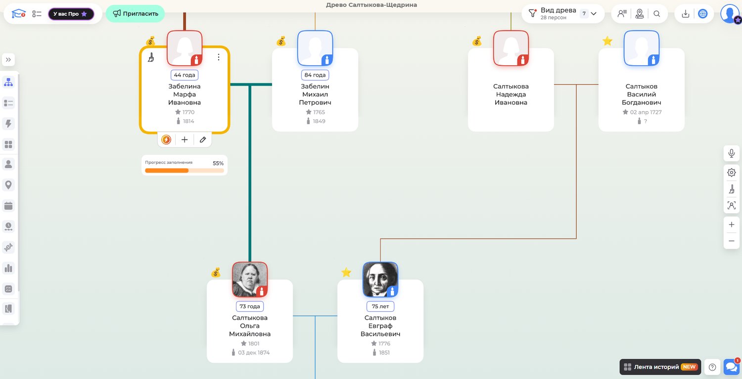 Фрагмент родословного древа Салтыкова-Щедрина на Famiry.ru