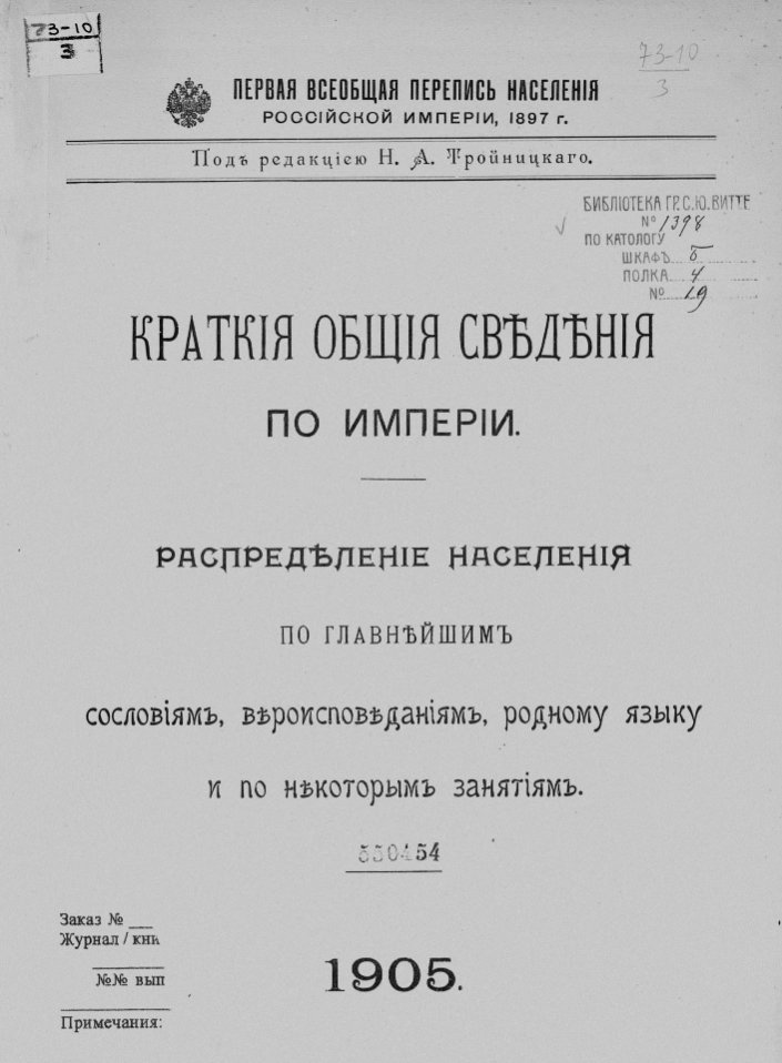 Распределение населения по главнейшим сословиям, вероисповеданиям, родному языку и по некоторым занятиям краткие общие сведения по Империи — СПб: паровая типо-лит. Н.Л. Ныркина, 1905.