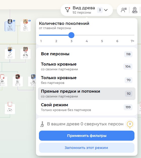 Просматривайте все древо целиком или скрывайте боковых персон, дальние поколения и отдельные фамильные ветви