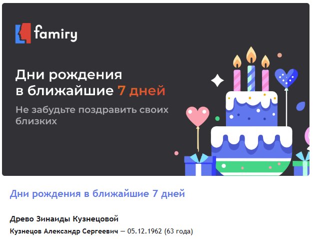 Получайте напоминания о предстоящих семейных событиях от Famiry