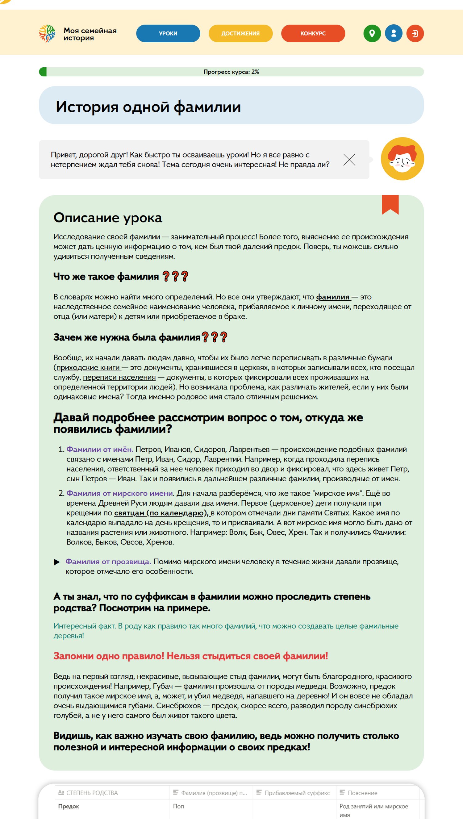 Пример урока из курса по генеалогии для школьников / источник: Открытый генеалогический онлайн-курс для школьников "Моя семейная история" (edu.famiry.ru)