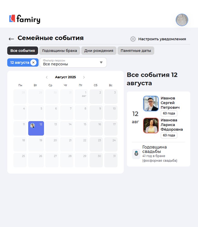 Календарь семейных событий в сервисе Famiry