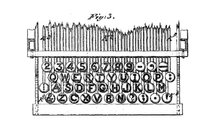 QWERTY-раскладка клавиш пишущей машинки, изображенная в патенте США, выданном 27 августа 1878 г. Кристоферу Шоулзу