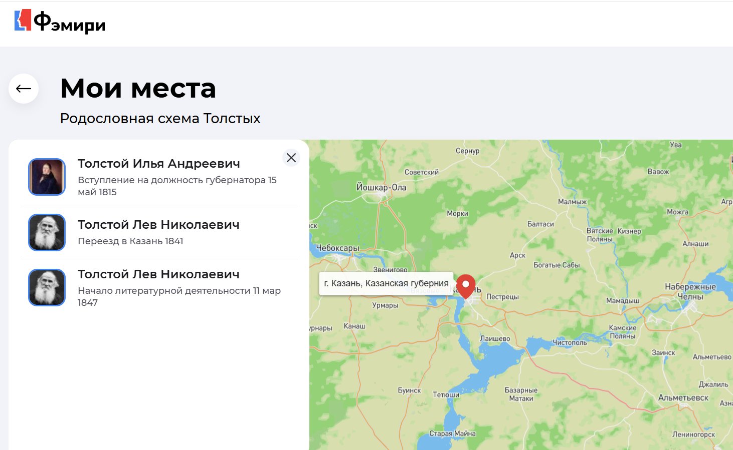 Раздел "Мои места" в генеалогическом сервисе Famiry
