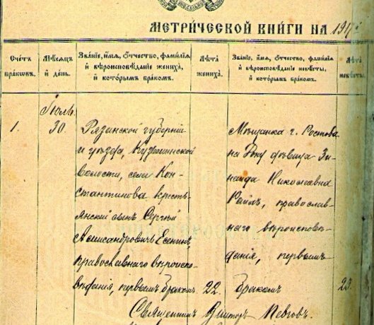 Запись о браке Сергея Есенина и Зинаиды Райх / источник: Метрическая книга Кирико-Иулитовской Толстиковской церкви Вологодского уезда Вологодской губернии, 1917 г. (ГАВО, ф.496, оп.38, д.186)