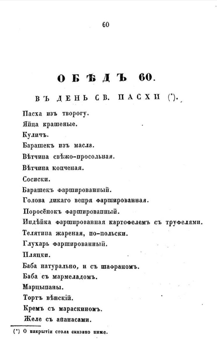 Меню пасхального обеда из книги «Альманах гастрономов», составленное И.М. Радецким, бывшим метрдотелем двора Его Императорского Высочества, 1853 г.