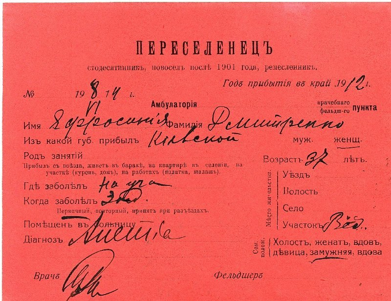 Больничная карточка Иманской переселенческой больницы на Дмитренко Евфросинью, переселенку из Киевской губернии, 1914 г. / Источник: Музей-заповедник истории Дальнего Востока