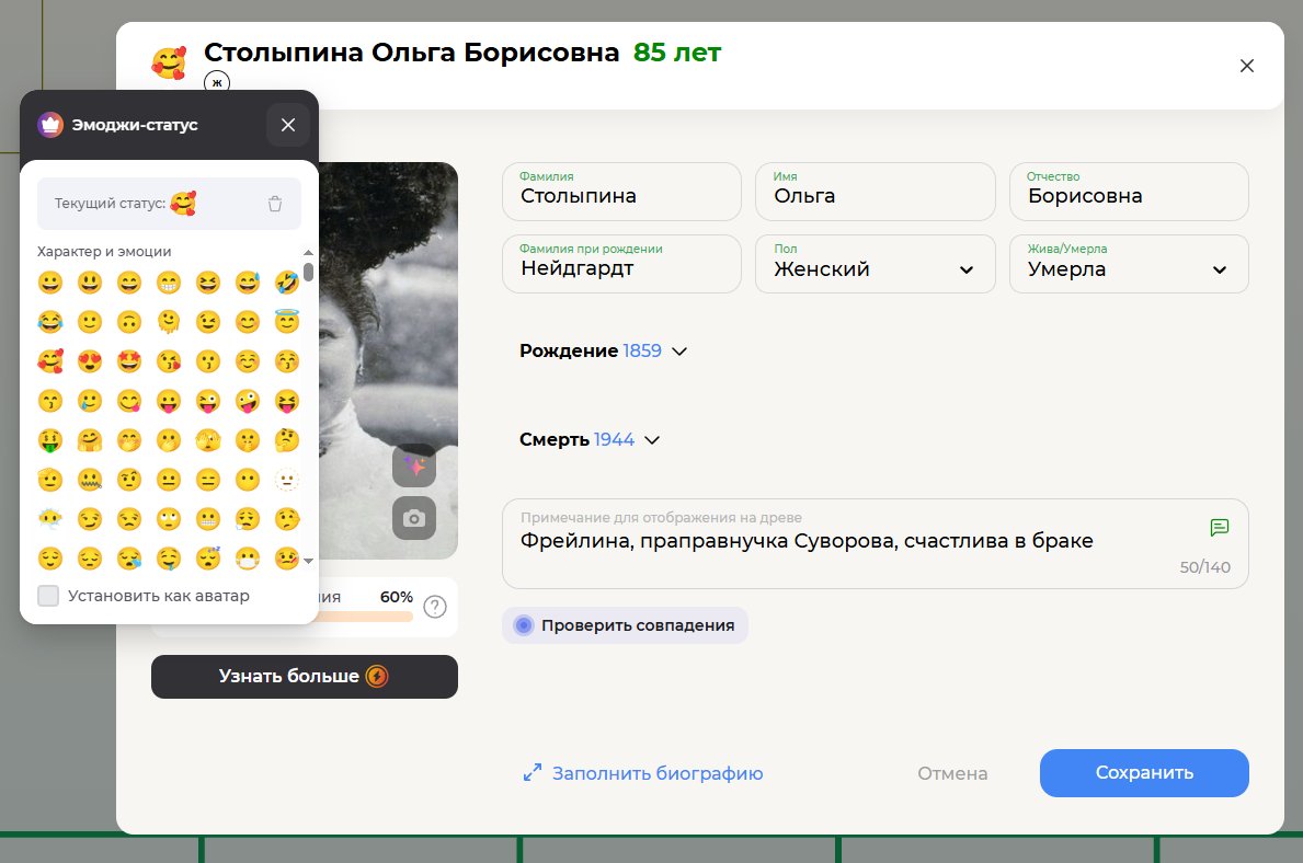 Отображение эмоджи-статусов в семейном древе в сервисе Famiry