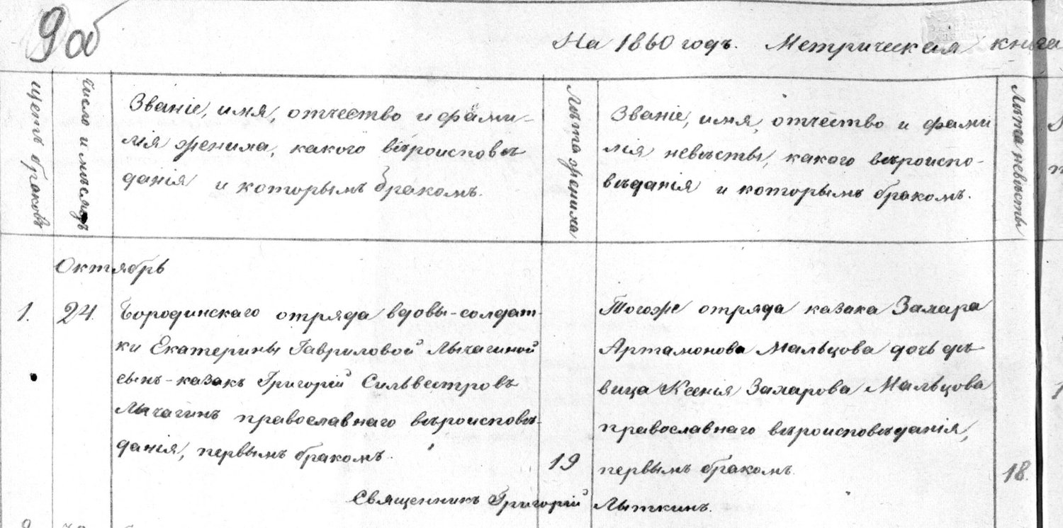 Метрическая запись о браке. Жених: Бородинского отряда вдовы-солдатки Екатерины Гавриловой Лычагиной сын - казак Григорий Сильвестров Лычагин; невеста: того же отряда казака Захара Артамонова Мальцова дочь девица Ксения Захарова Мальцова / Источник: метрическая книга Троицкаго уезда Бородинского отряда Михайло-Архангельской церкви (ОГАОО, ф.173, оп.11, д.2136)